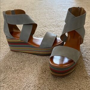 Lucky Brand Gray Strappy Platform Sandals with Multicolor Striped Wedge